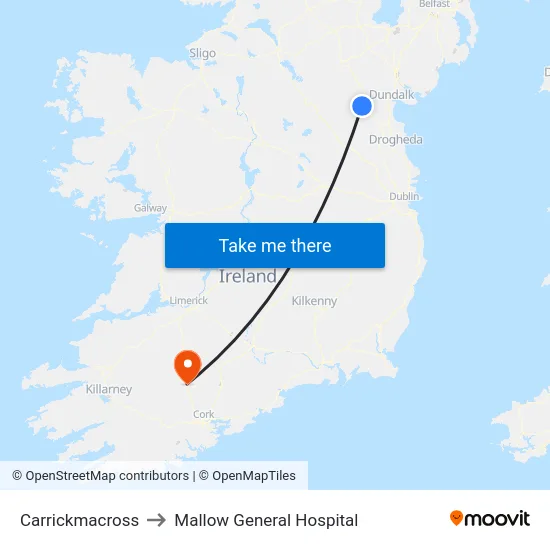 Carrickmacross to Mallow General Hospital map