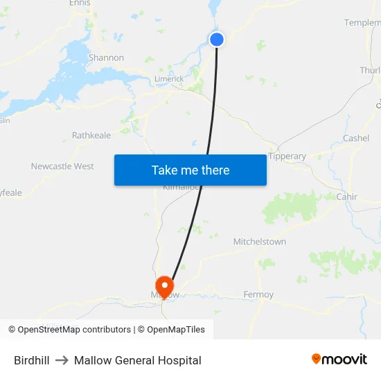 Birdhill to Mallow General Hospital map