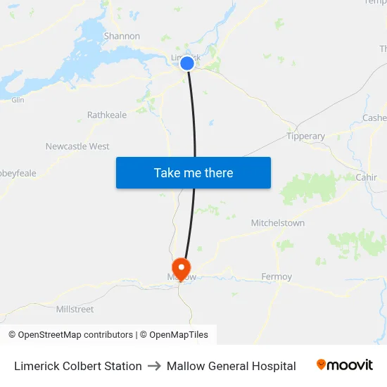 Limerick Colbert Station to Mallow General Hospital map