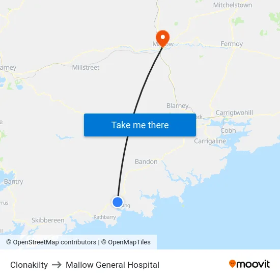 Clonakilty to Mallow General Hospital map