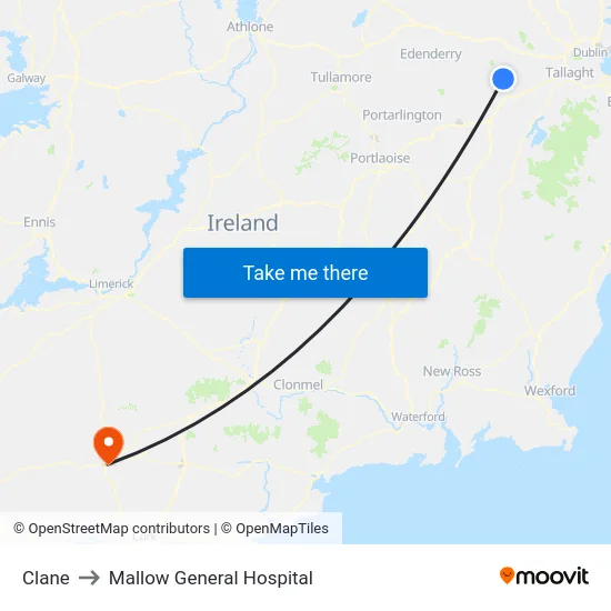 Clane to Mallow General Hospital map