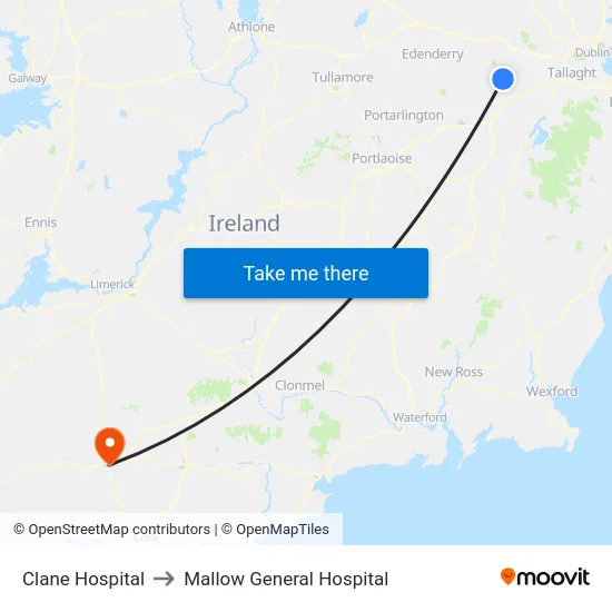 Clane Hospital to Mallow General Hospital map