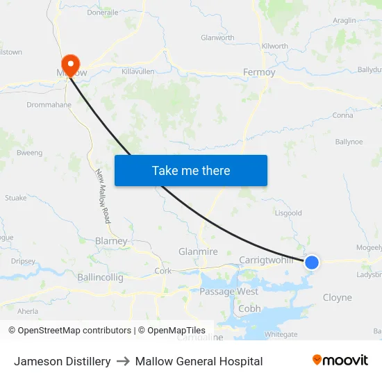 Jameson Distillery to Mallow General Hospital map