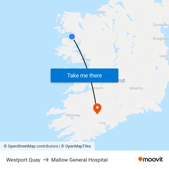 Westport Quay to Mallow General Hospital map