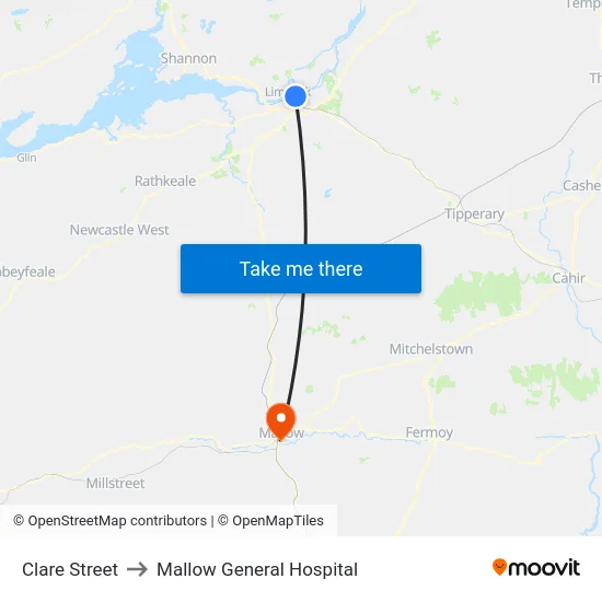 Clare Street to Mallow General Hospital map