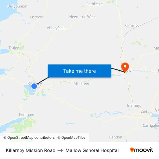 Killarney Mission Road to Mallow General Hospital map