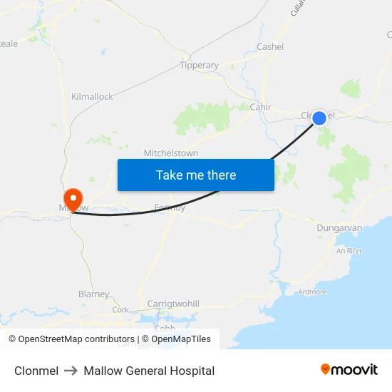 Clonmel to Mallow General Hospital map