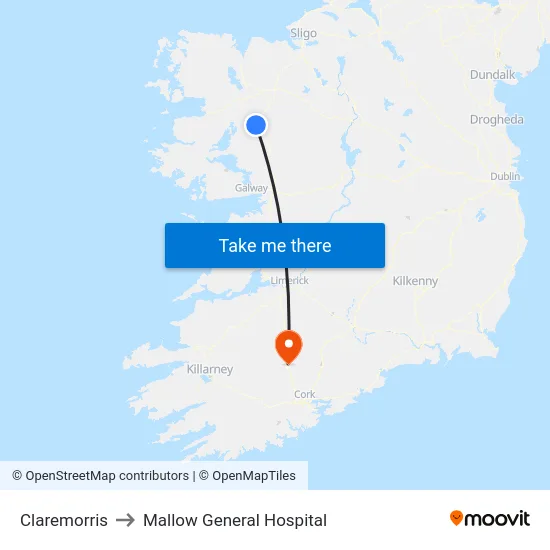 Claremorris to Mallow General Hospital map