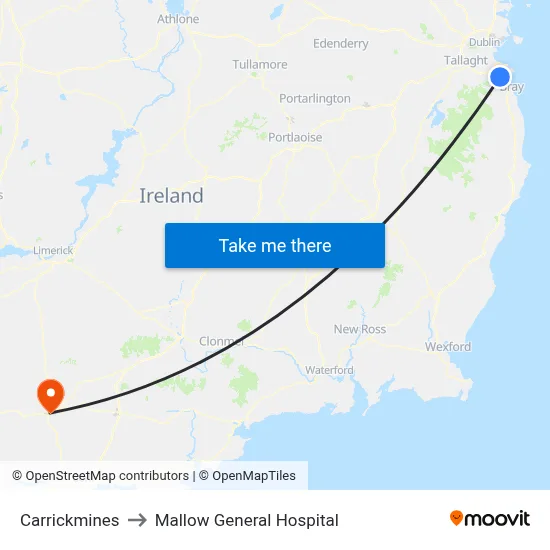 Carrickmines to Mallow General Hospital map