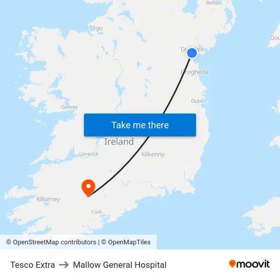 Tesco Extra to Mallow General Hospital map
