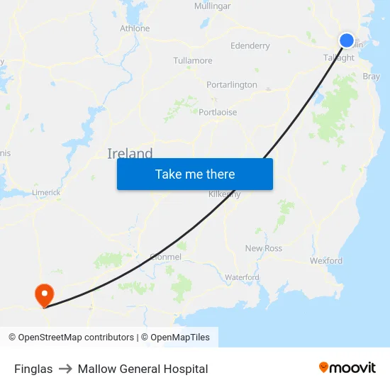 Finglas to Mallow General Hospital map