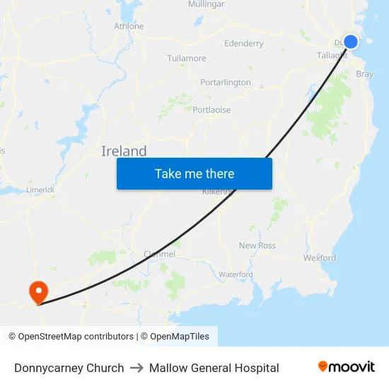 Donnycarney Church to Mallow General Hospital map