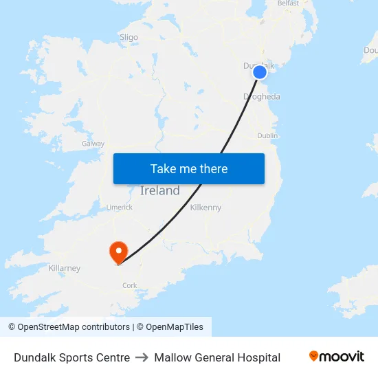 Dundalk Sports Centre to Mallow General Hospital map
