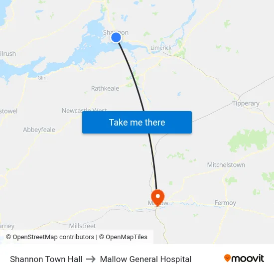 Shannon Town Hall to Mallow General Hospital map