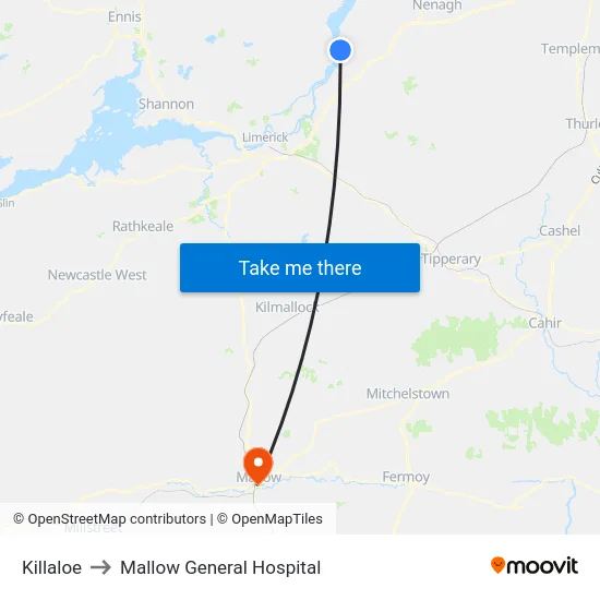 Killaloe to Mallow General Hospital map