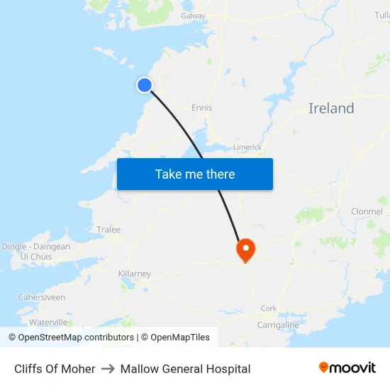 Cliffs Of Moher to Mallow General Hospital map