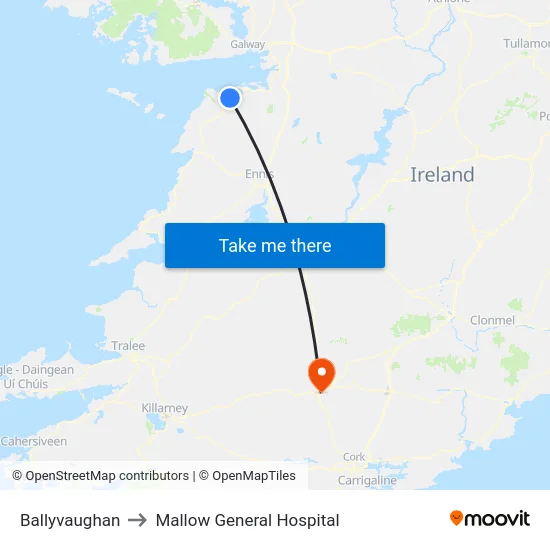 Ballyvaughan to Mallow General Hospital map