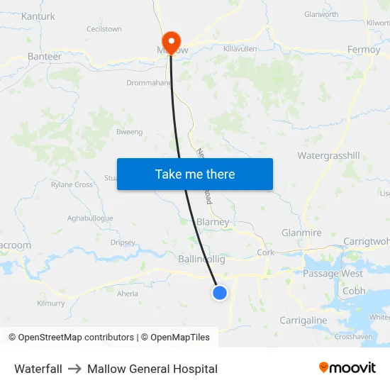 Waterfall to Mallow General Hospital map