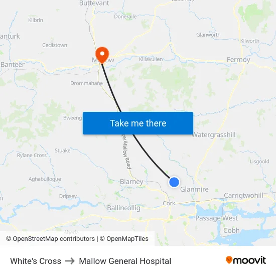 White's Cross to Mallow General Hospital map