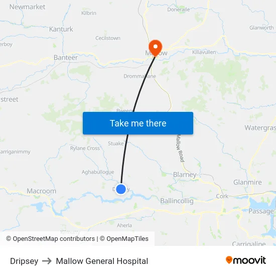 Dripsey to Mallow General Hospital map