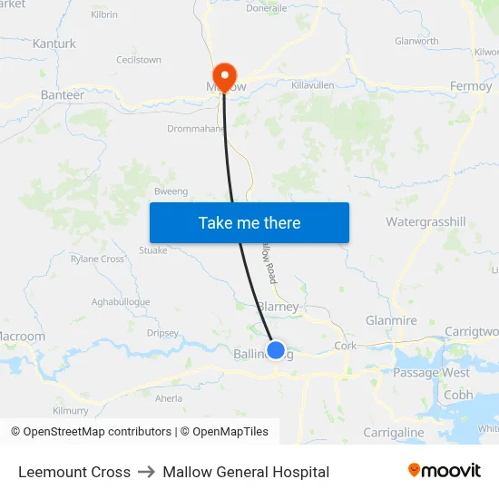 Leemount Cross to Mallow General Hospital map