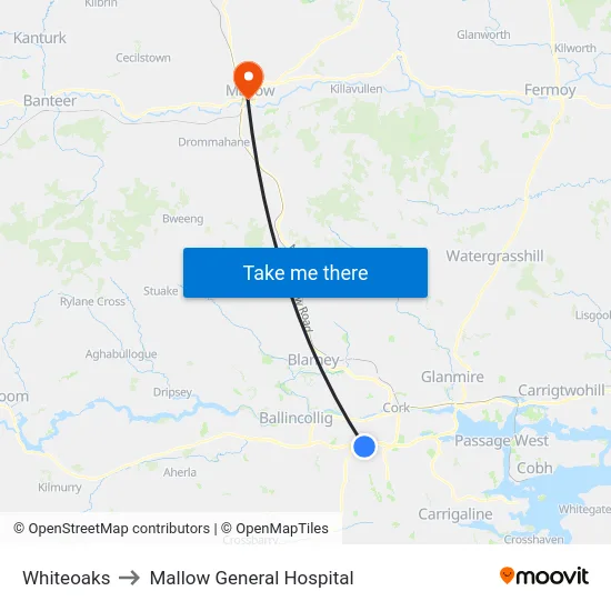 Whiteoaks to Mallow General Hospital map