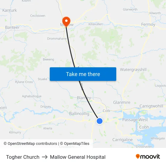Togher Church to Mallow General Hospital map