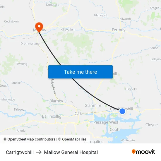 Carrigtwohill to Mallow General Hospital map
