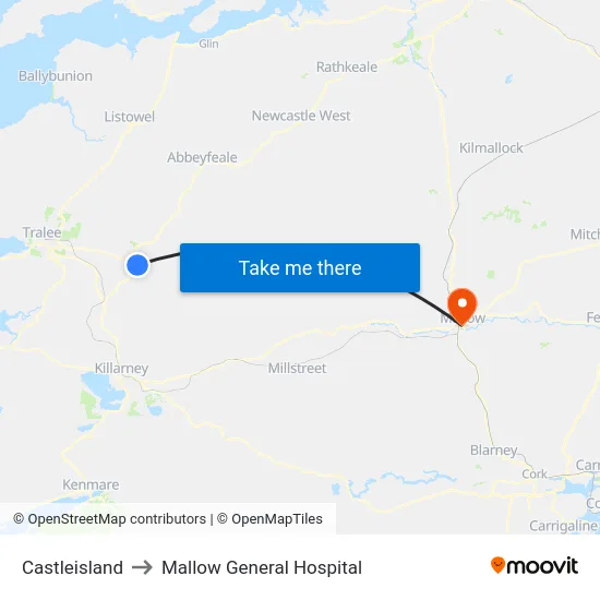 Castleisland to Mallow General Hospital map