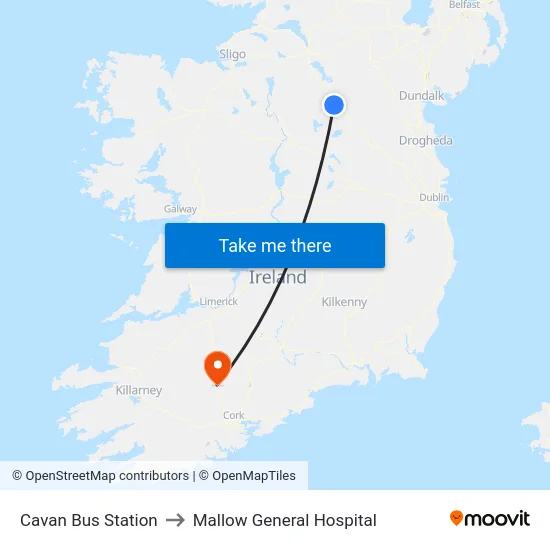 Cavan Bus Station to Mallow General Hospital map
