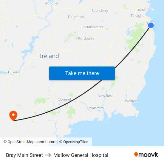 Bray Main Street to Mallow General Hospital map