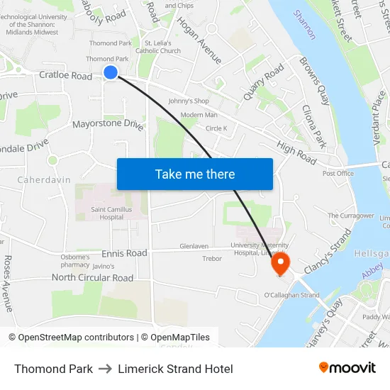 Thomond Park to Limerick Strand Hotel map