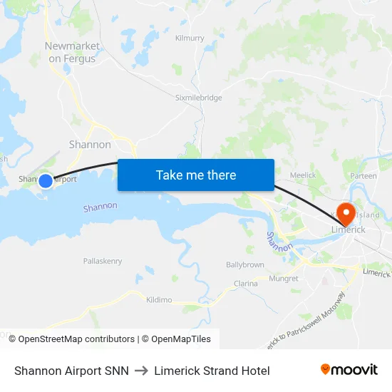 Shannon Airport SNN to Limerick Strand Hotel map