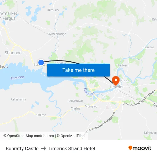 Bunratty Castle to Limerick Strand Hotel map