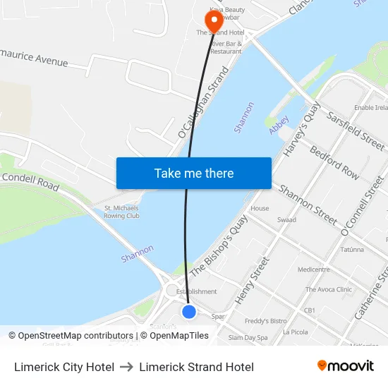 Limerick City Hotel to Limerick Strand Hotel map