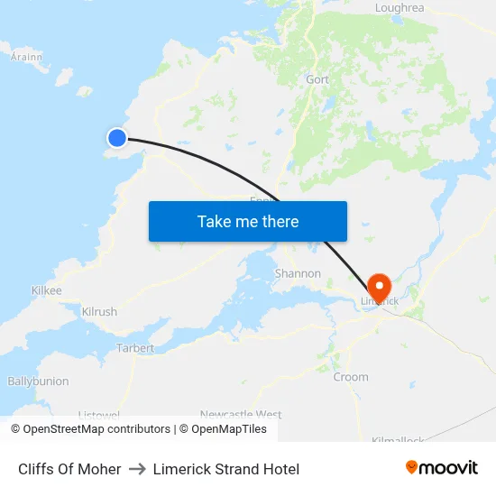 Cliffs Of Moher to Limerick Strand Hotel map