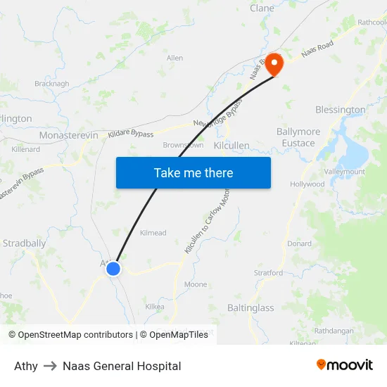 Athy to Naas General Hospital map
