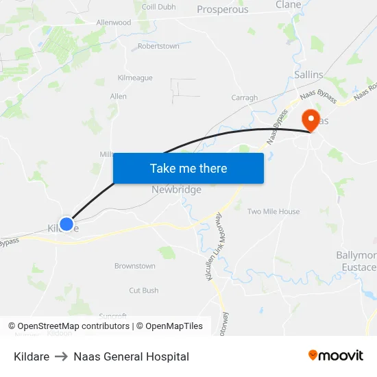 Kildare to Naas General Hospital map