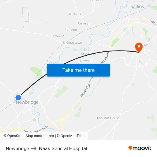 Newbridge to Naas General Hospital map