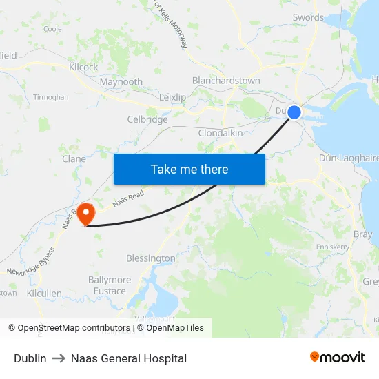 Dublin to Naas General Hospital map