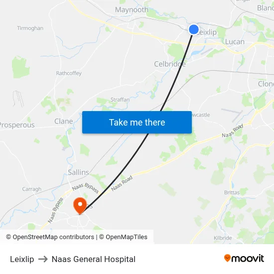 Leixlip to Naas General Hospital map