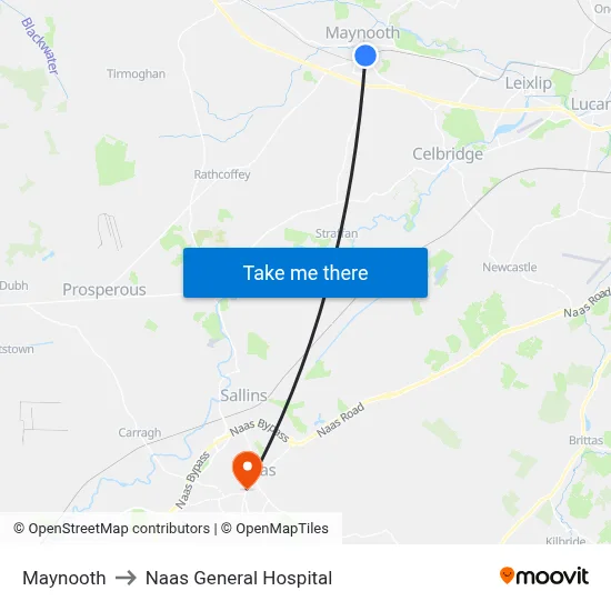 Maynooth to Naas General Hospital map