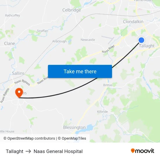 Tallaght to Naas General Hospital map