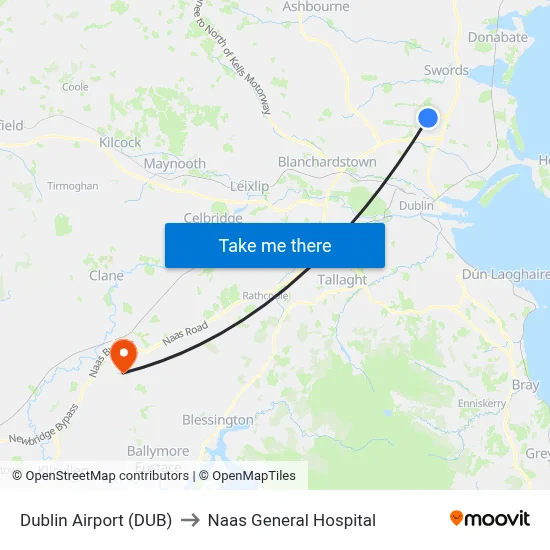 Dublin Airport (DUB) to Naas General Hospital map
