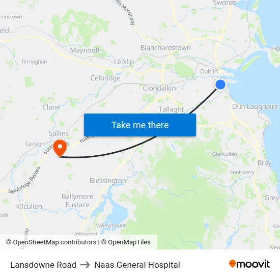 Lansdowne Road to Naas General Hospital map