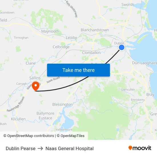 Dublin Pearse to Naas General Hospital map