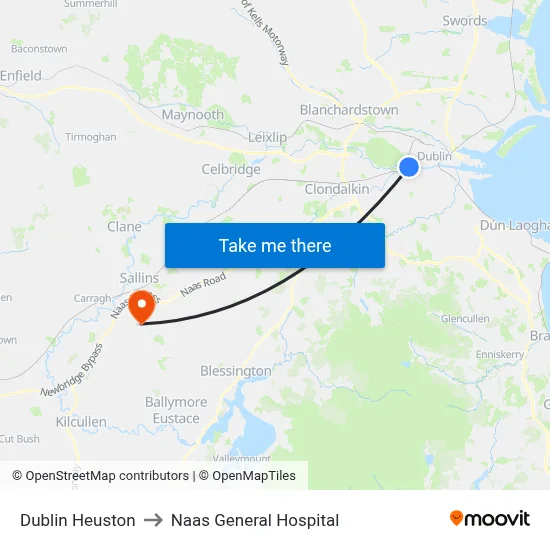 Dublin Heuston to Naas General Hospital map