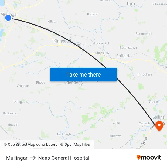 Mullingar to Naas General Hospital map