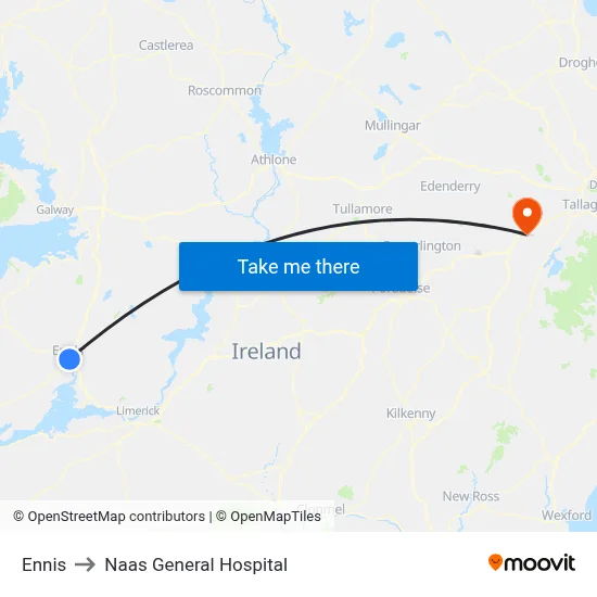 Ennis to Naas General Hospital map