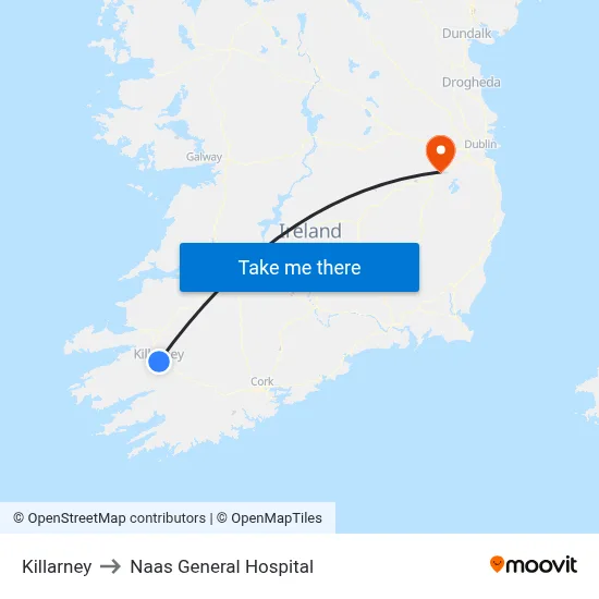 Killarney to Naas General Hospital map